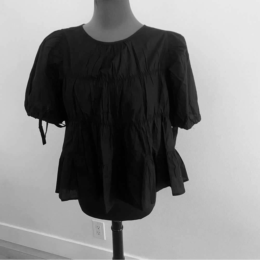 NWT SHOP STEVIE PATRICIA TIERED PEPLUM SHORT SLEEVE TOP BLACK SIZE MEDIUM COTTON